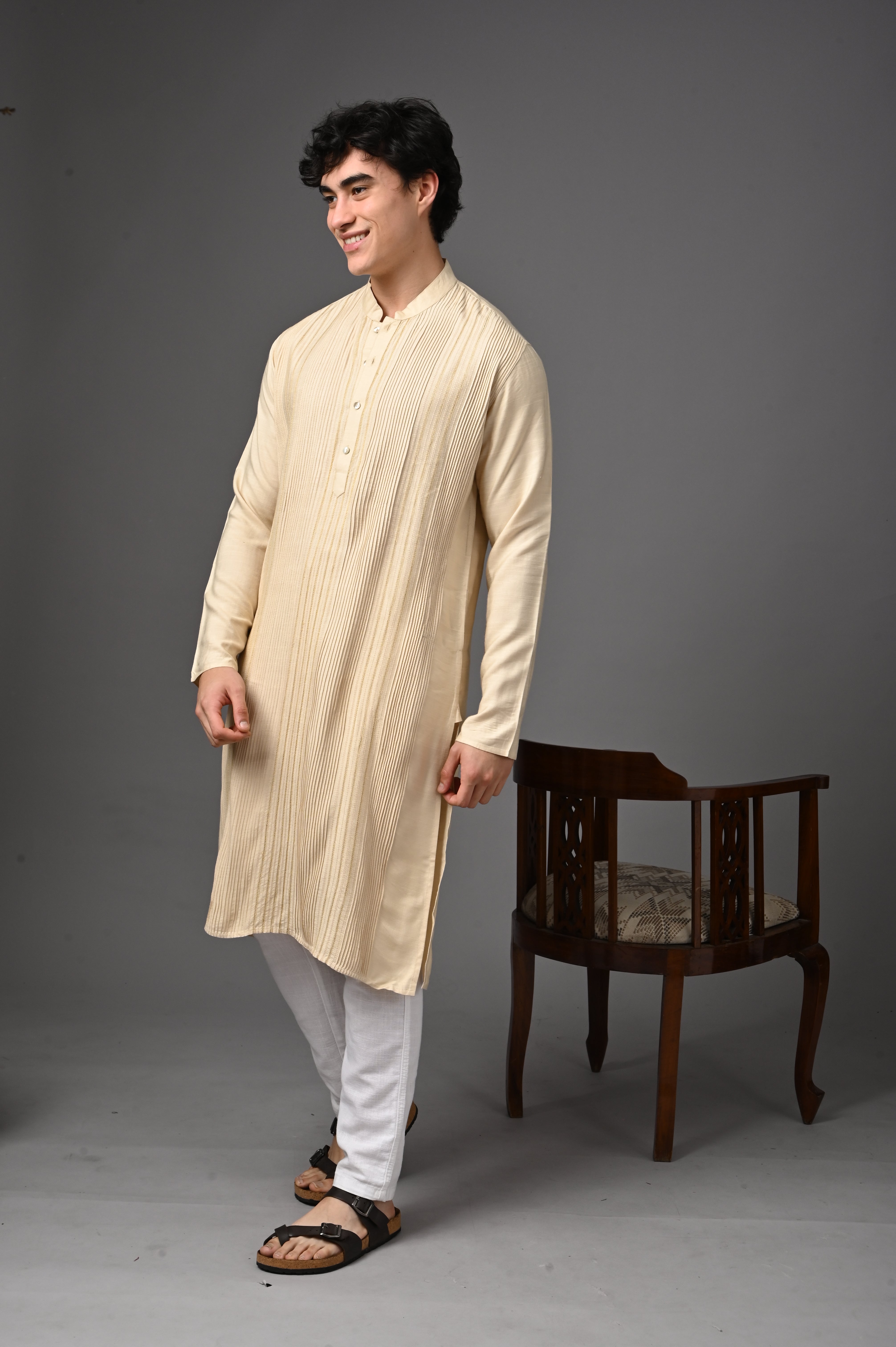 Cream Textured Silk Kurta