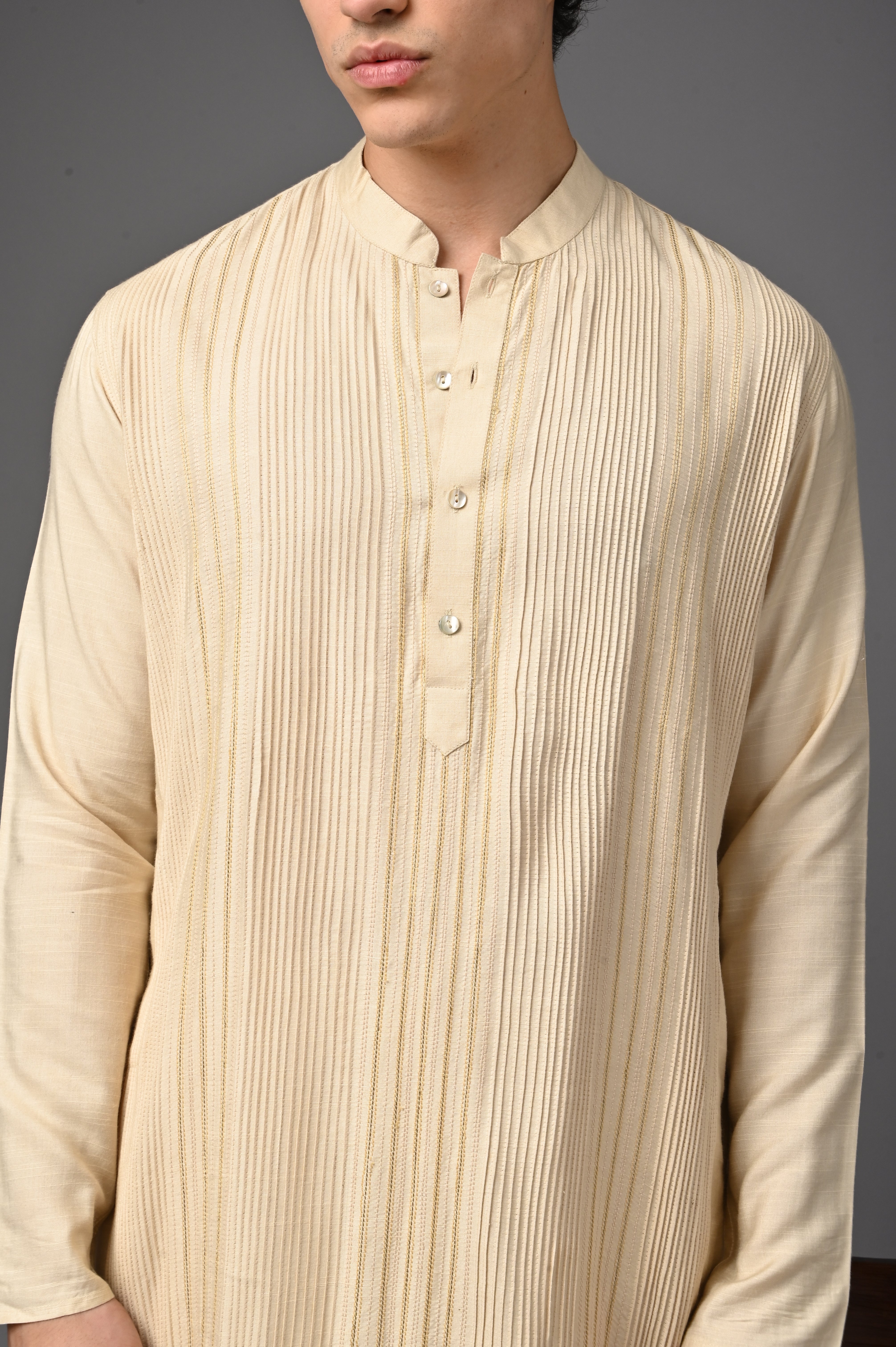 Cream Textured Silk Kurta