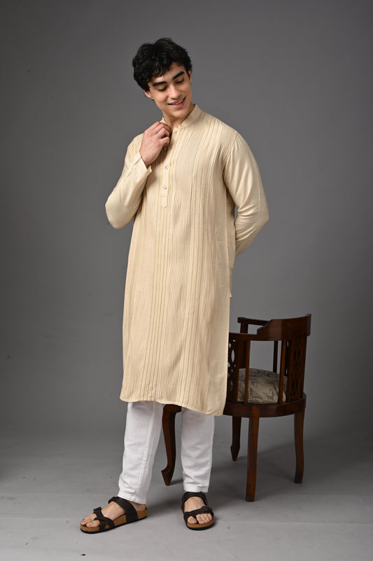 Cream Textured Silk Kurta