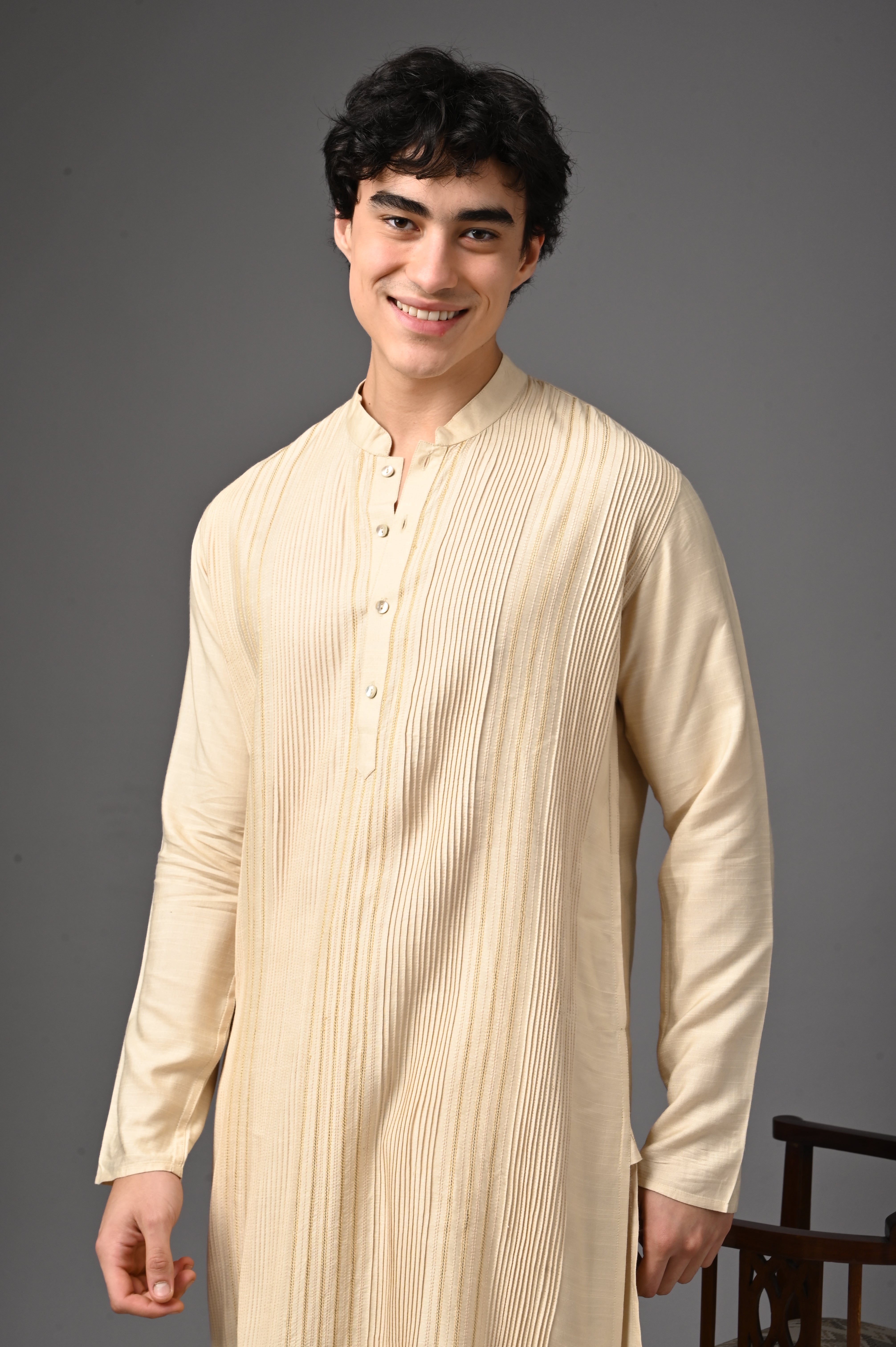 Cream Textured Silk Kurta