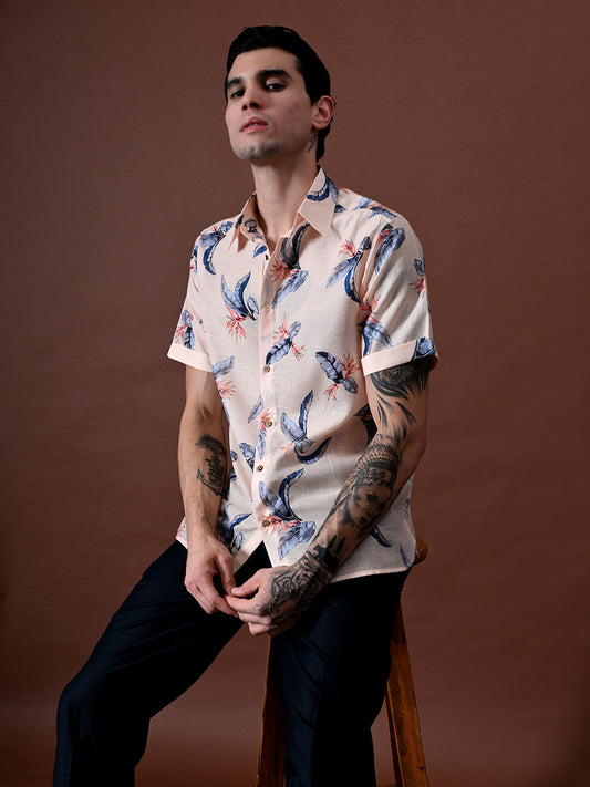 Printed Half Sleeves Cotton Linen Shirt