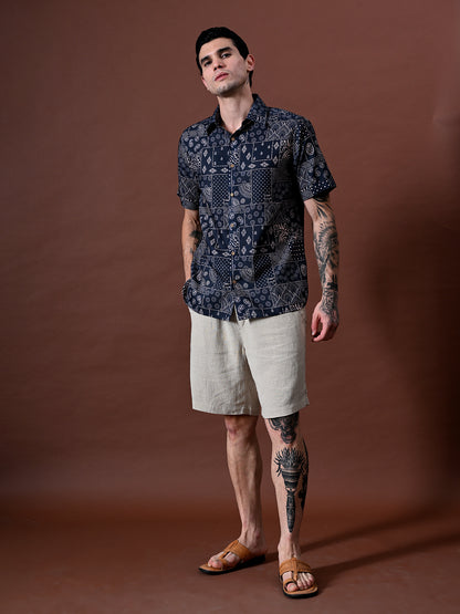 Printed Cotton Linen Half Sleeves Shirt