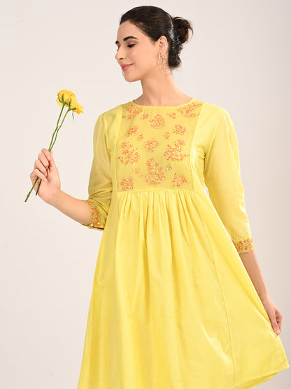 Yellow Silk Chanderi Knee-Length Dress with Embroidered Organza Yoke
