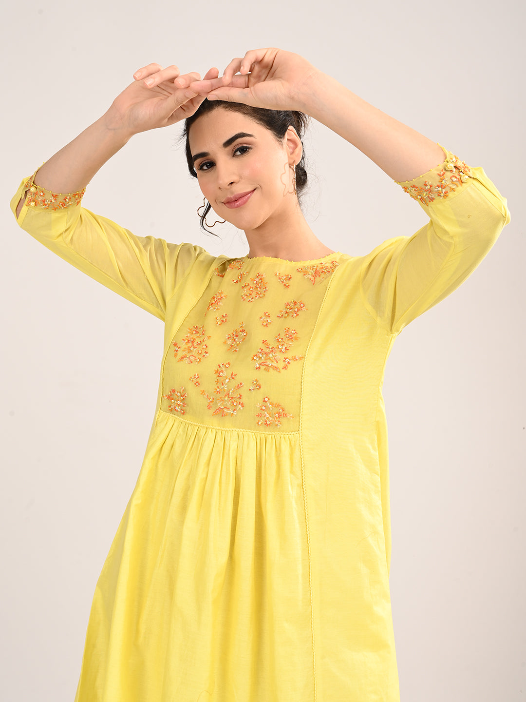 Yellow Silk Chanderi Knee-Length Dress with Embroidered Organza Yoke