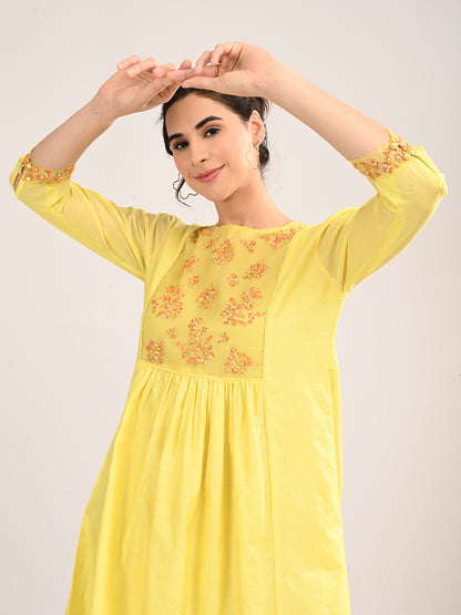 Yellow Silk Chanderi Knee-Length Dress with Embroidered Organza Yoke