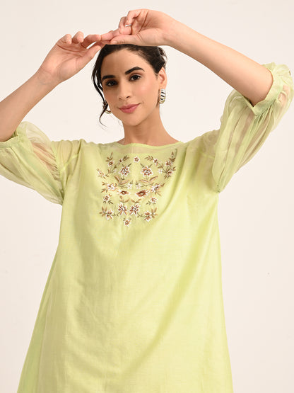 Green Silk Chanderi Dress with Hand-Embroidered Detailing