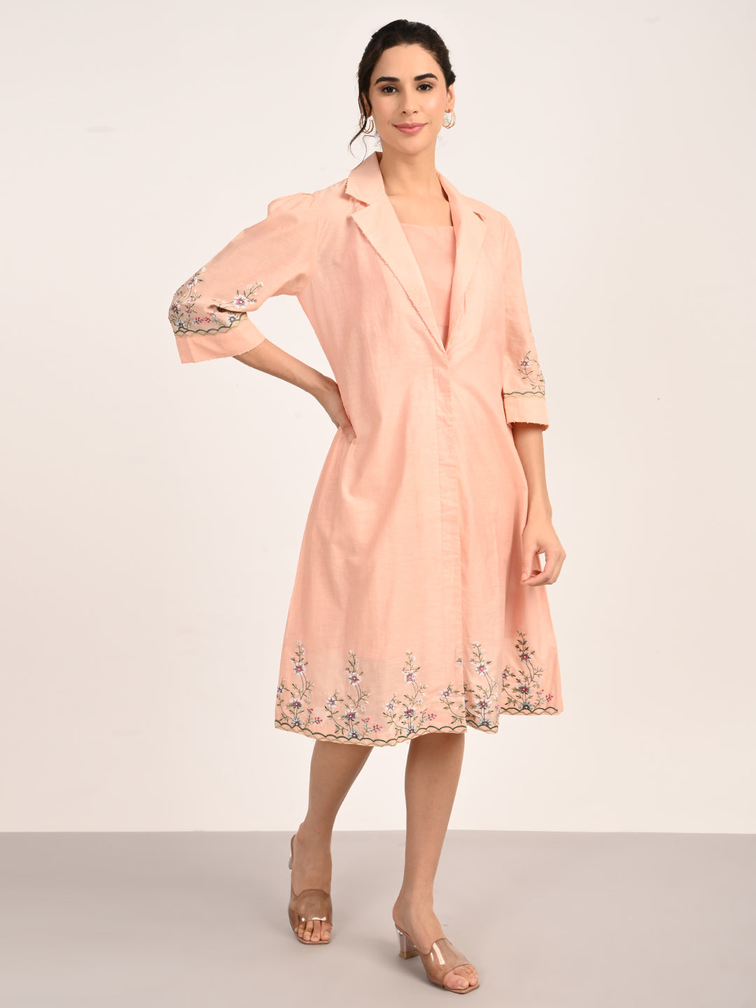Peach Pink Silk Chanderi Tailored Shirt Dress with Handcrafted Chikankari Embroidery