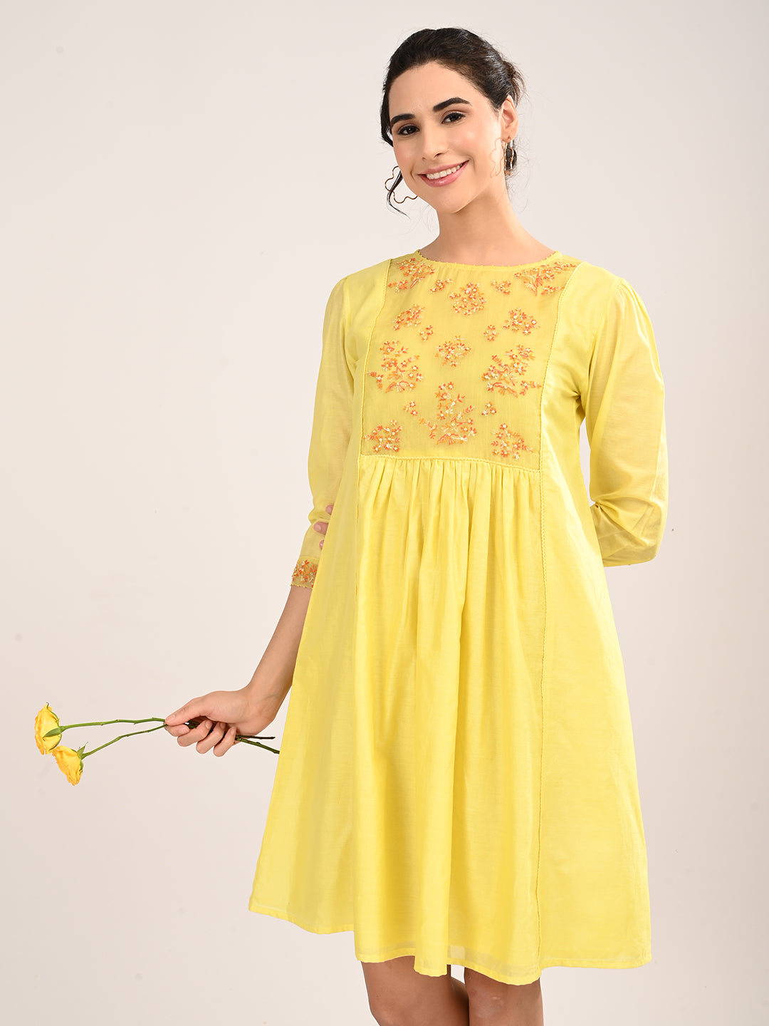 Yellow Silk Chanderi Knee-Length Dress with Embroidered Organza Yoke