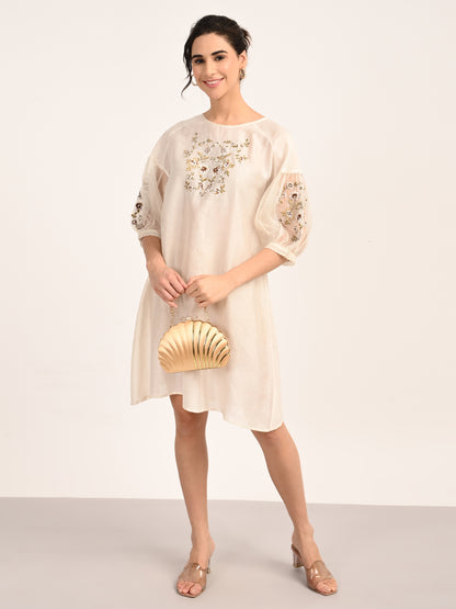 Ivory Silk Chanderi Dress with Hand-Embroidered Detailing