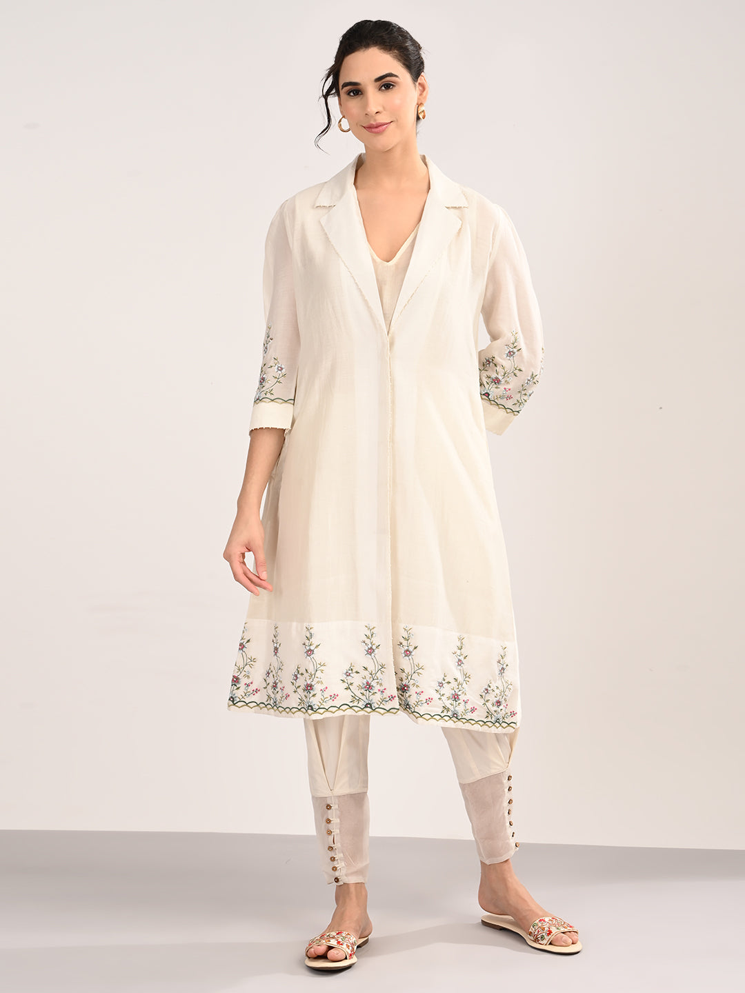Ivory Silk Chanderi Tailored Shirt Dress with Handcrafted Chikankari Embroidery