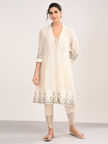 Ivory Silk Chanderi Tailored Shirt Dress with Handcrafted Chikankari Embroidery