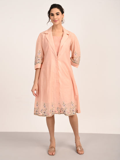 Peach Pink Silk Chanderi Tailored Shirt Dress with Handcrafted Chikankari Embroidery