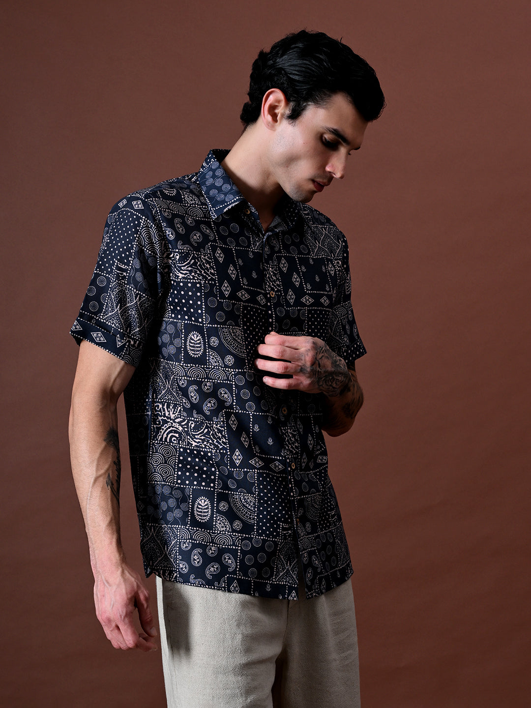 Printed Cotton Linen Half Sleeves Shirt