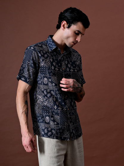 Printed Cotton Linen Half Sleeves Shirt