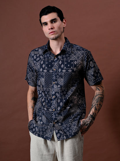 Printed Cotton Linen Half Sleeves Shirt