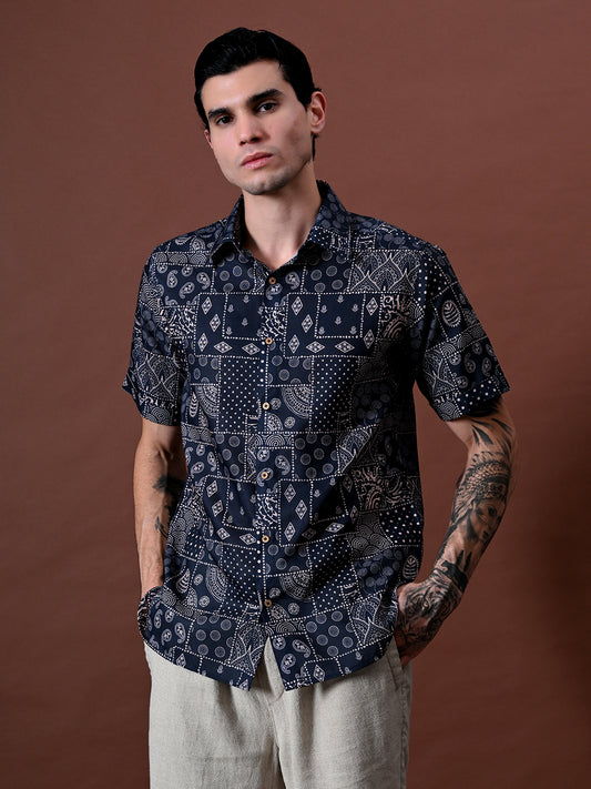 Printed Cotton Linen Half Sleeves Shirt