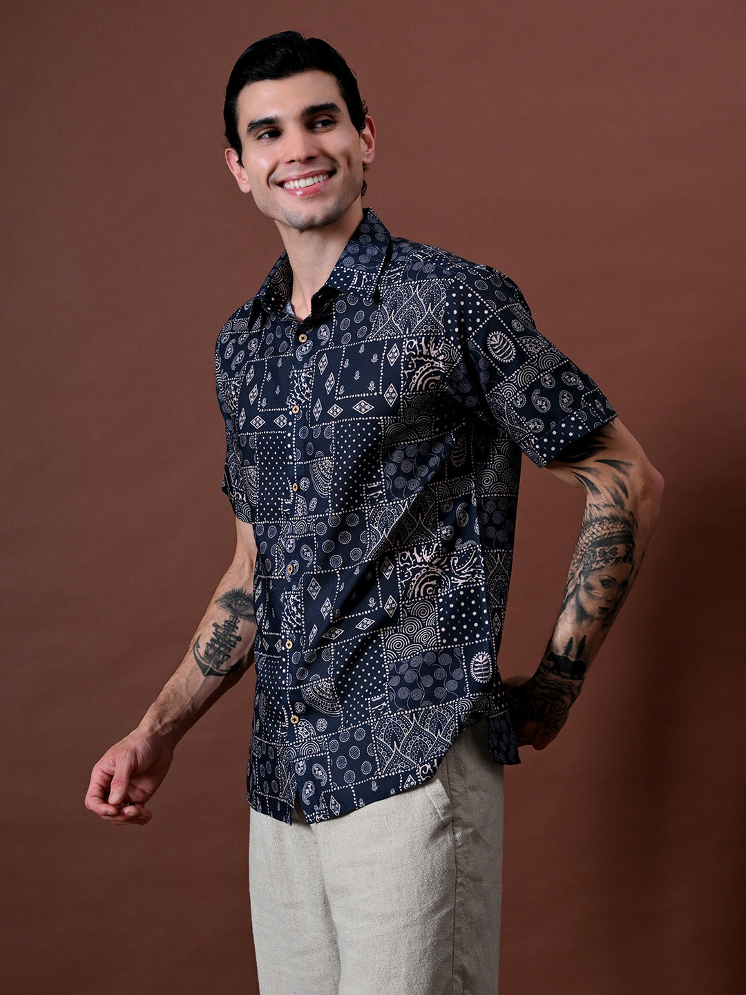 Printed Cotton Linen Half Sleeves Shirt