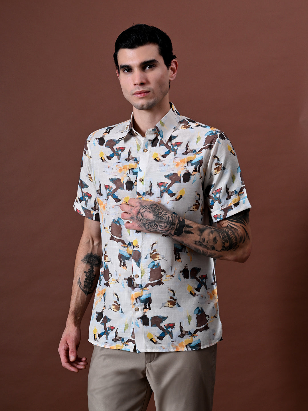 Printed Half Sleeves Shirt in Cotton Linen