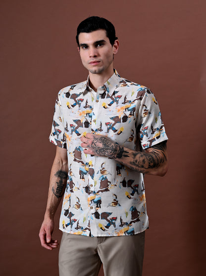 Printed Half Sleeves Shirt in Cotton Linen