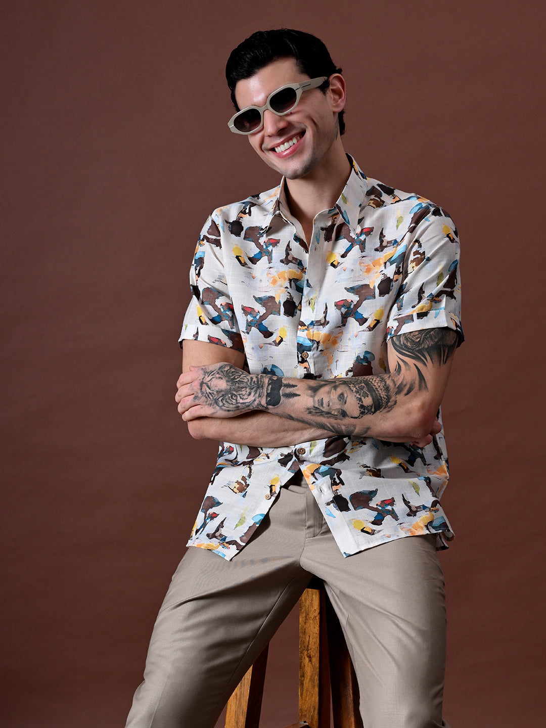 Printed Half Sleeves Shirt in Cotton Linen