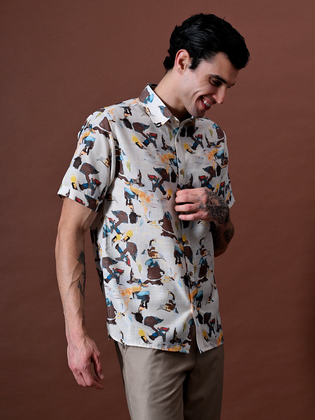 Printed Half Sleeves Shirt in Cotton Linen