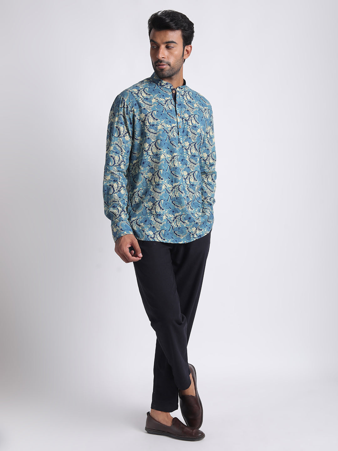 Short Kurta Men's Blue Ethnic Printed