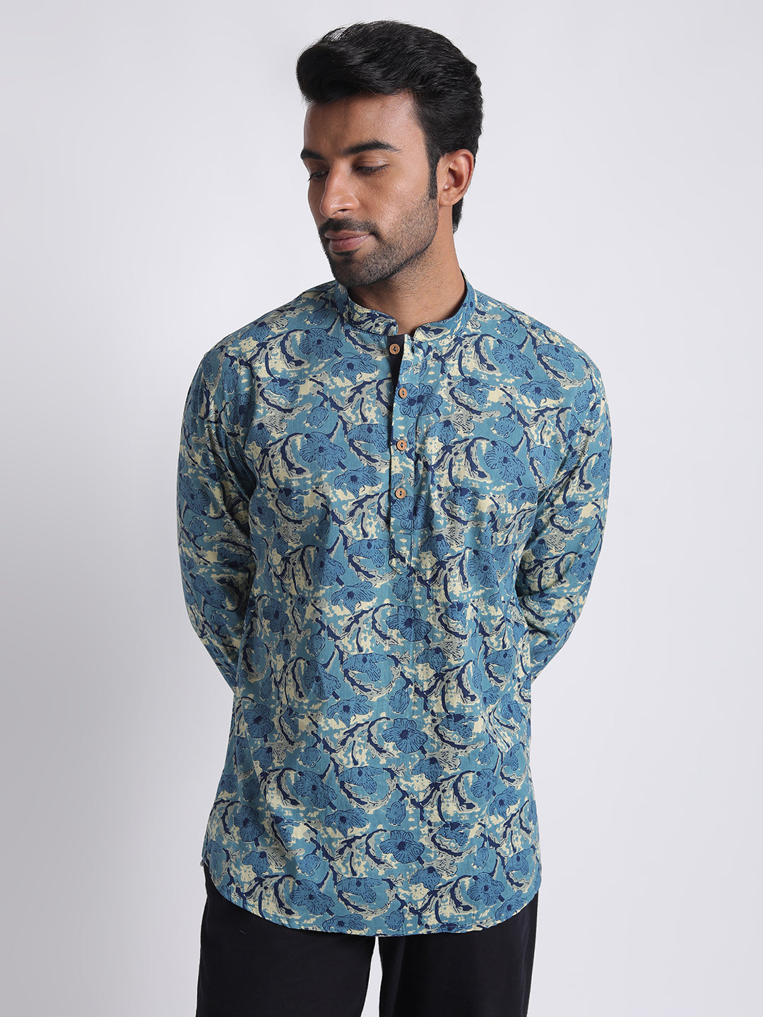 Short Kurta Men's Blue Ethnic Printed