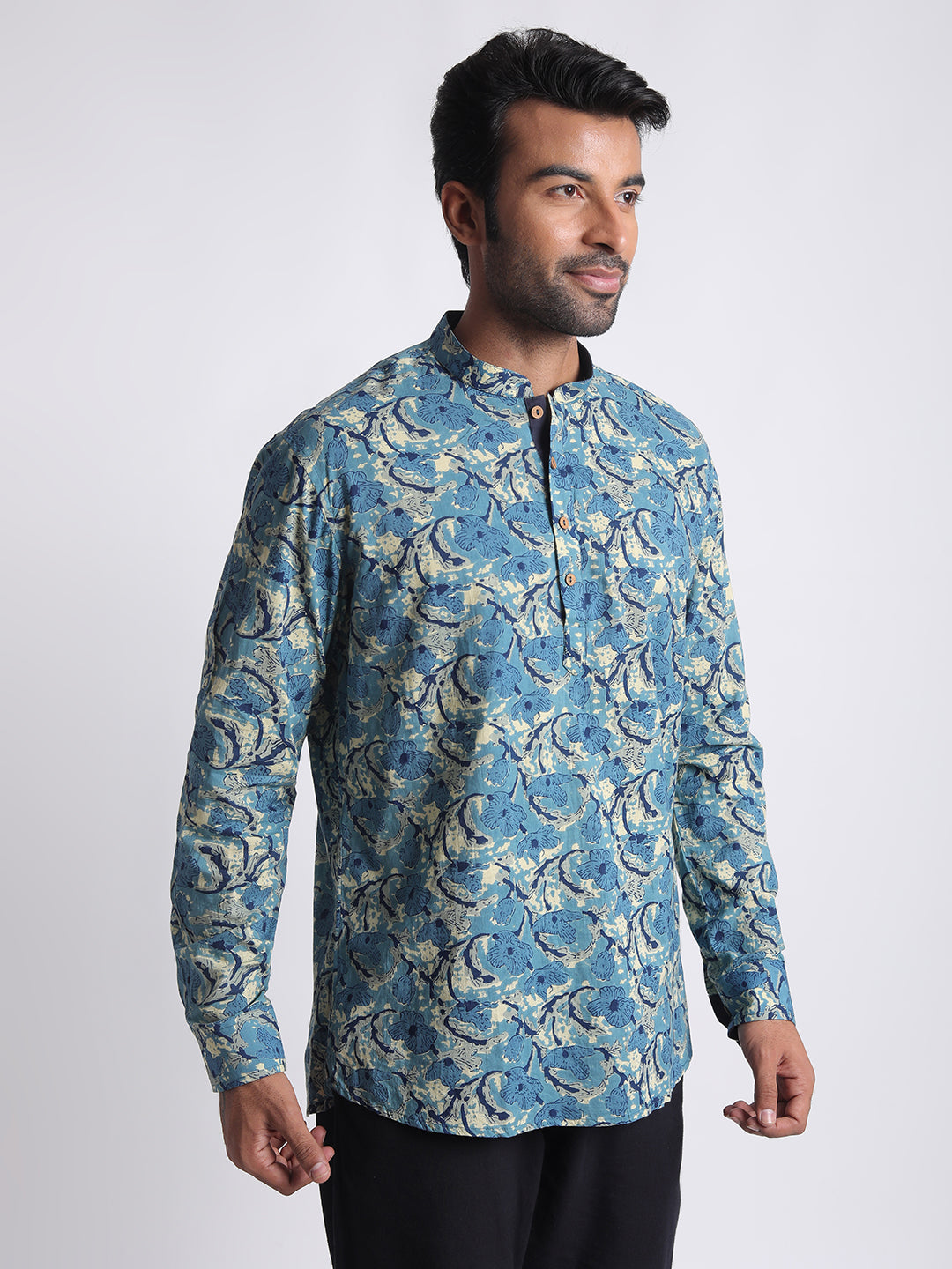 Short Kurta Men's Blue Ethnic Printed