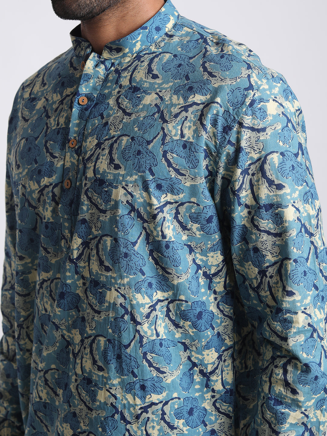 Short Kurta Men's Blue Ethnic Printed