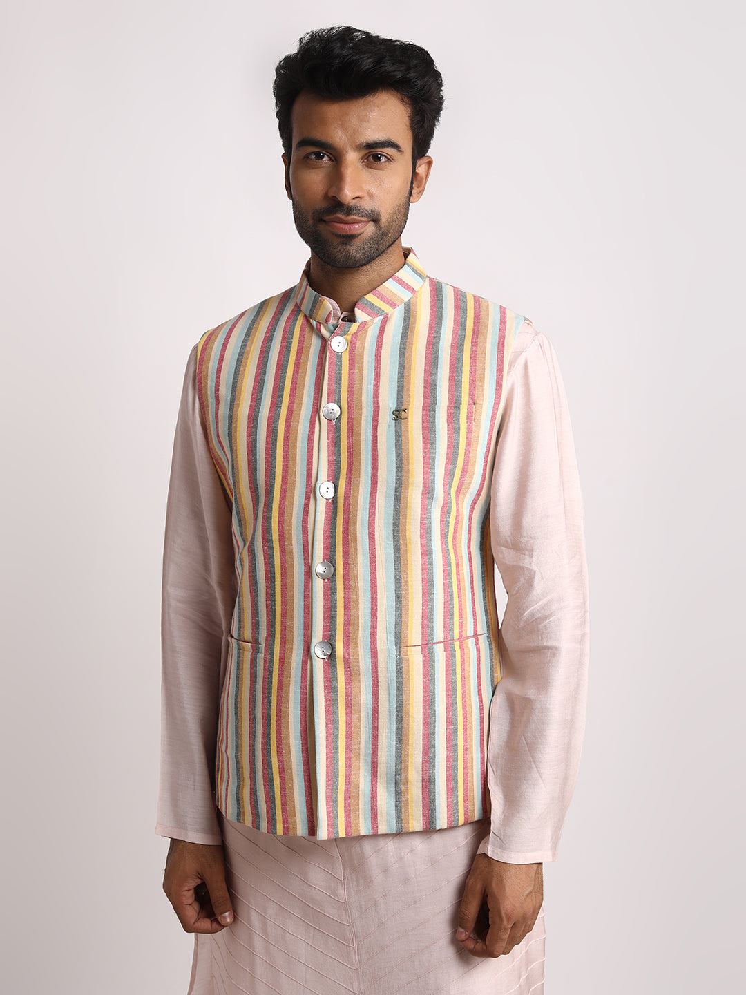 Multistriped & cream reversible Nehru jacket