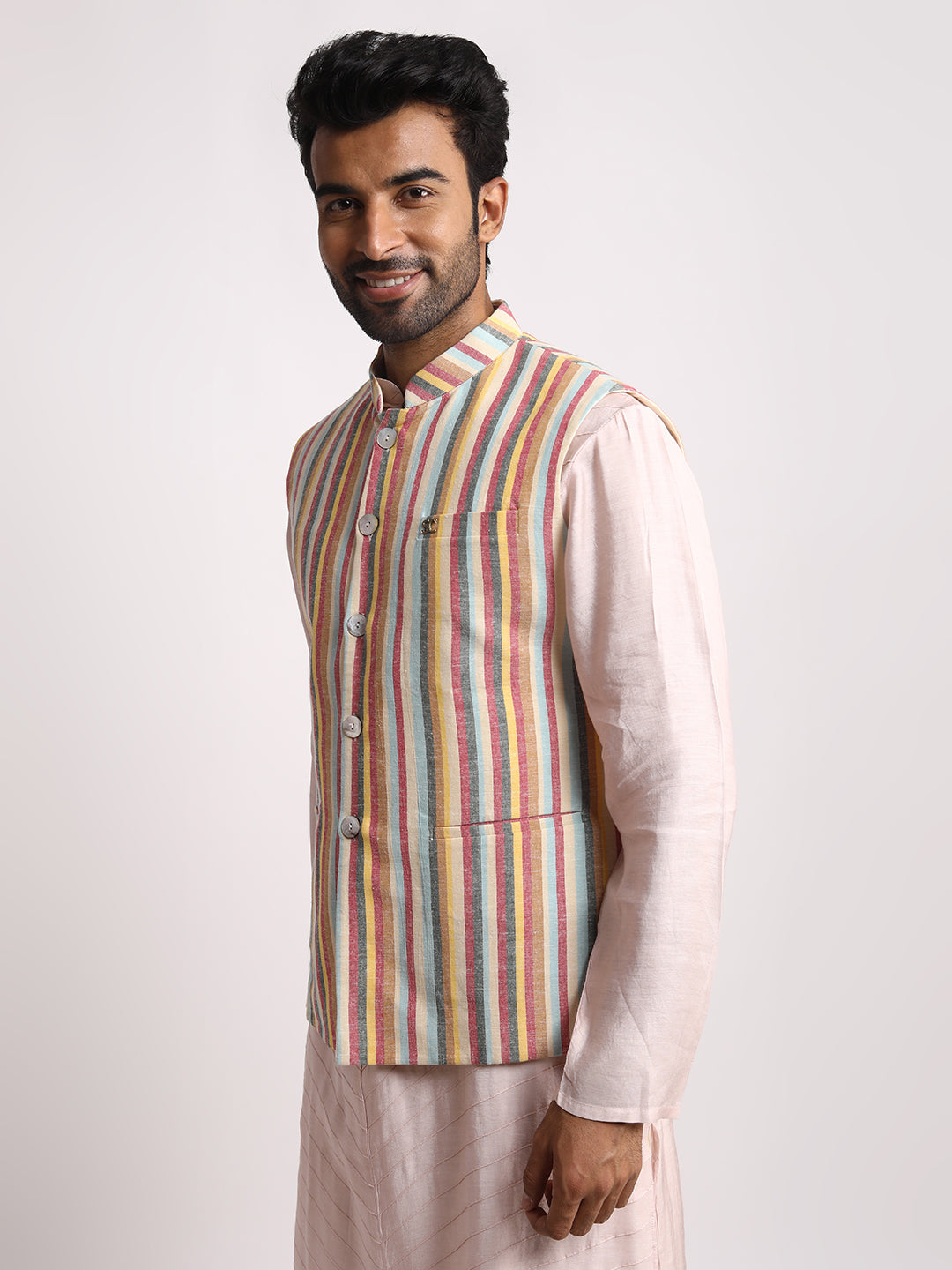 Multistriped & cream reversible Nehru jacket