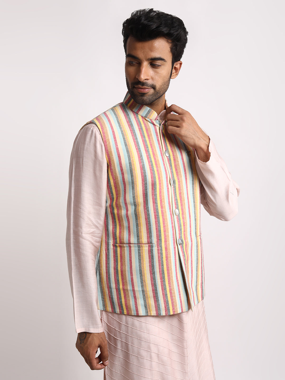 Multistriped & cream reversible Nehru jacket