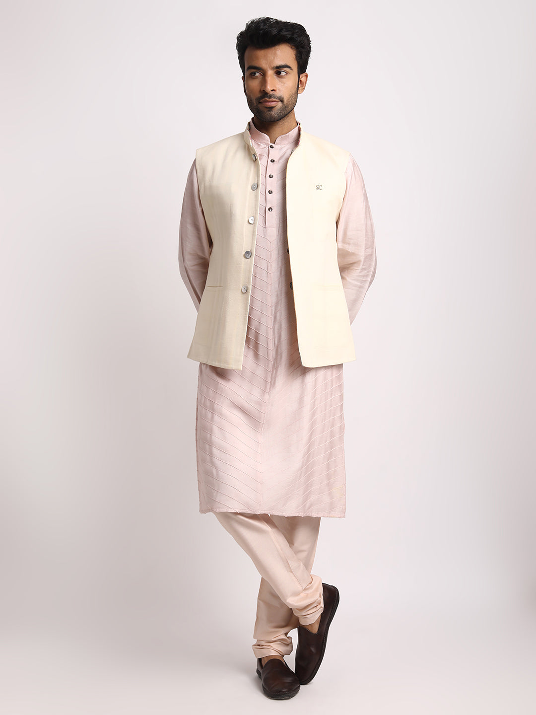 Multistriped & cream reversible Nehru jacket