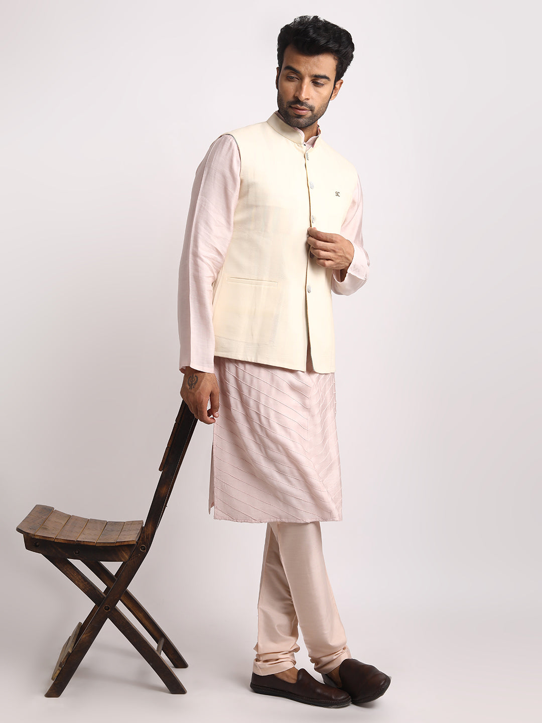 Multistriped & cream reversible Nehru jacket