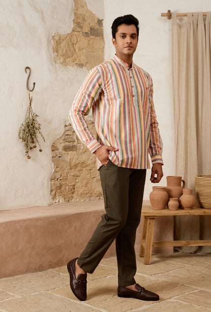 Short Kurta in Yarn Dyed Multicolor Cotton