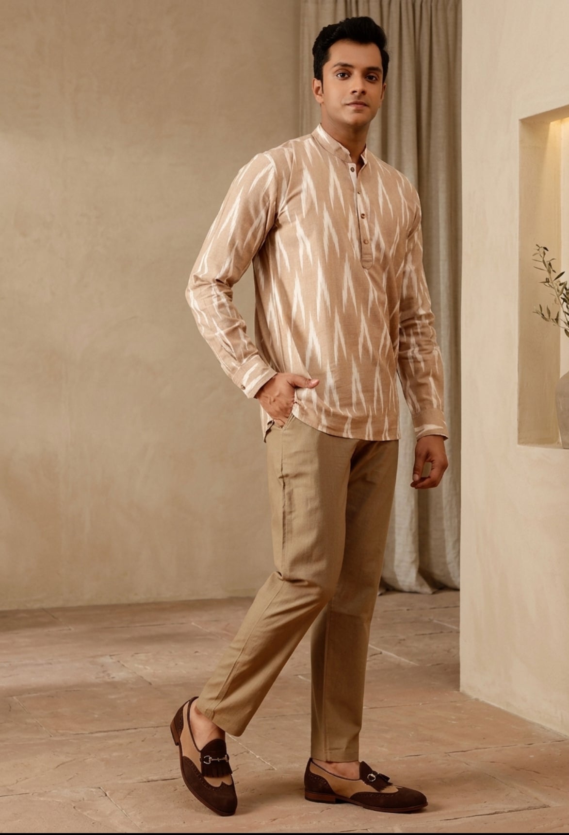 Short Kurta Beige Ikkat Print