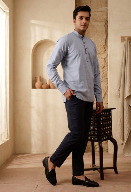 Short Kurta in Herringbone Cotton Weave
