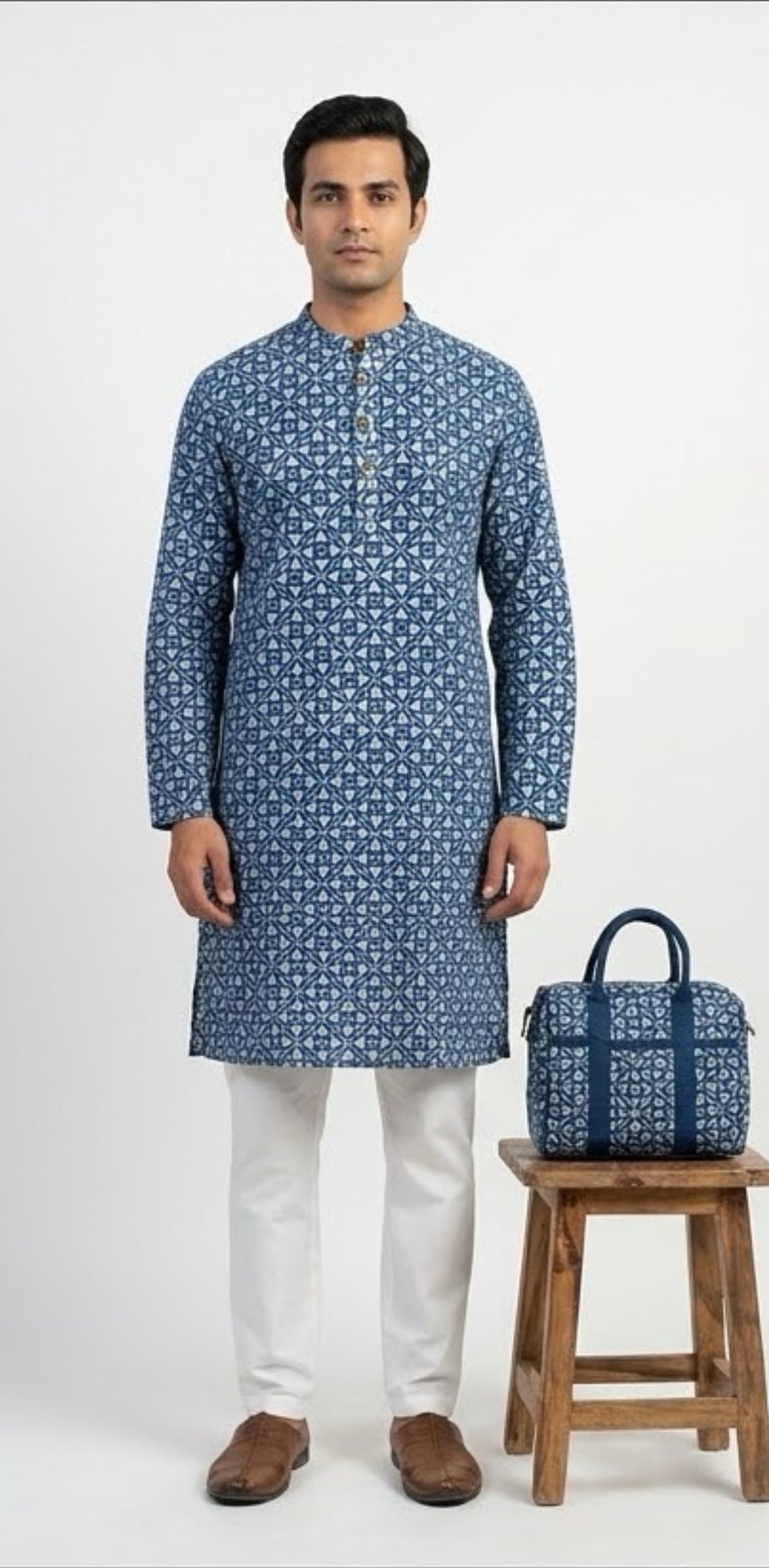 Mid Length Indigo Dabu Print Handloom Kurta