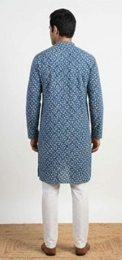 Mid Length Indigo Dabu Print Handloom Kurta