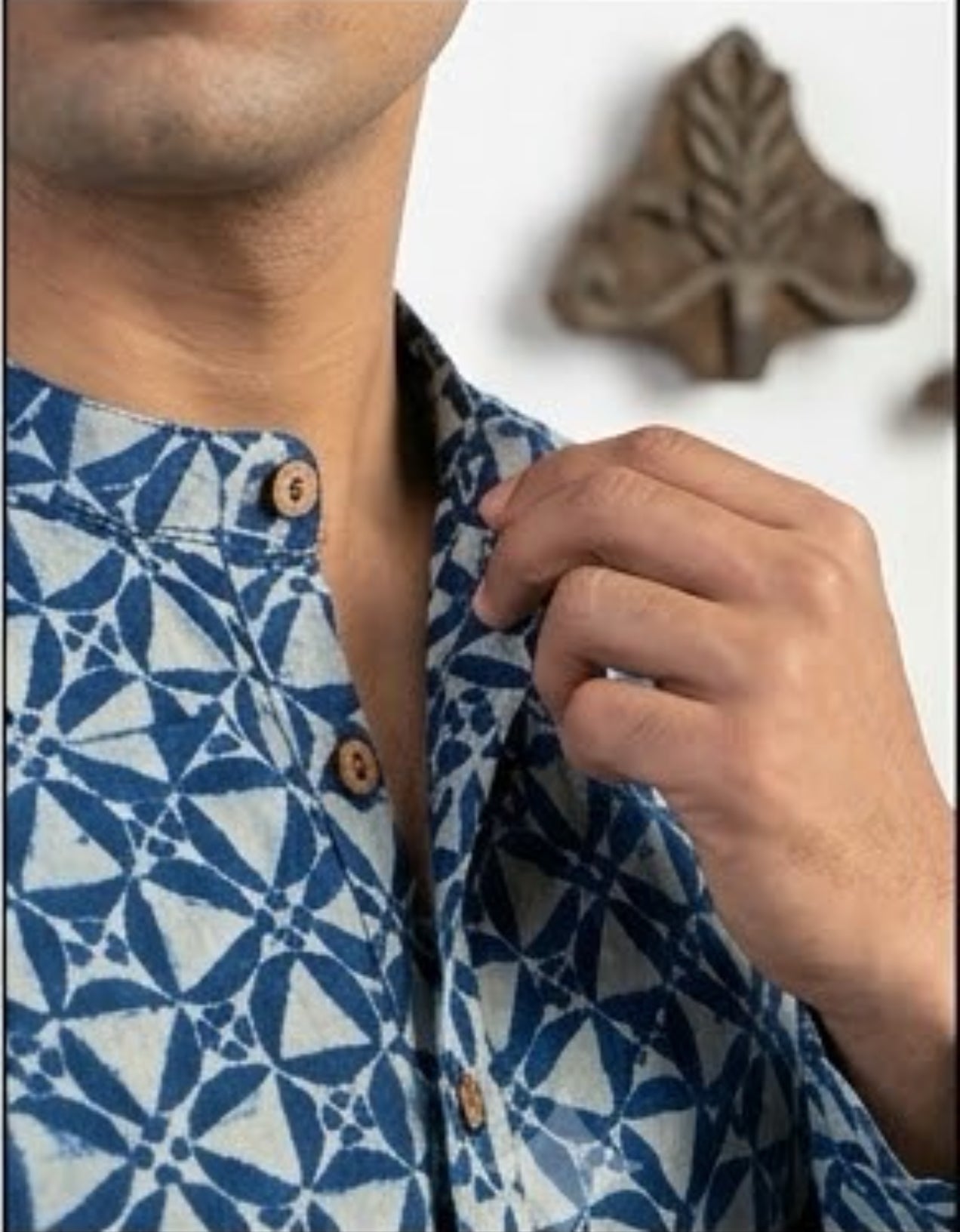 Mid Length Indigo Dabu Print Handloom Kurta