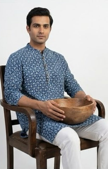 Mid Length Indigo Dabu Print Handloom Kurta
