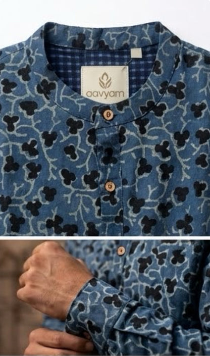 Short Length Indigo Dabu-Print Handloom Kurta
