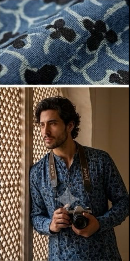 Short Length Indigo Dabu-Print Handloom Kurta
