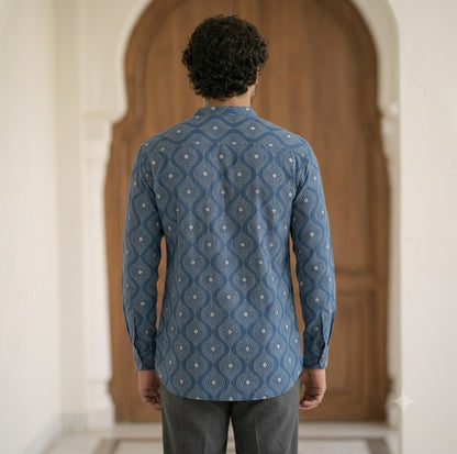 Short-Length Indigo Dabu-Print Handloom Kurta