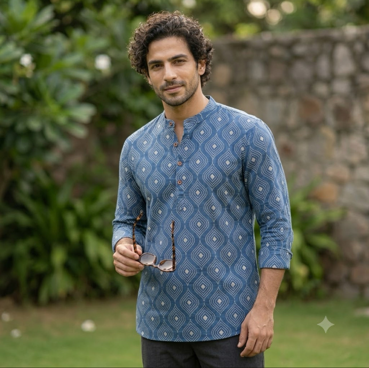 Short-Length Indigo Dabu-Print Handloom Kurta