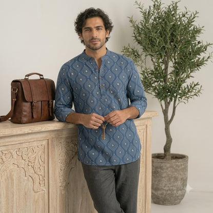 Short-Length Indigo Dabu-Print Handloom Kurta
