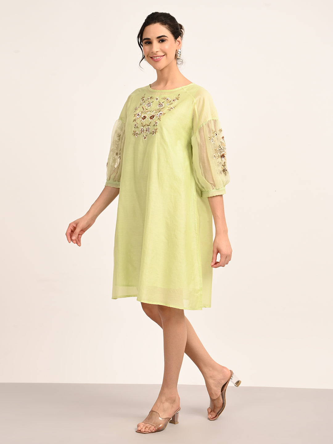 Green Silk Chanderi Dress with Hand-Embroidered Detailing
