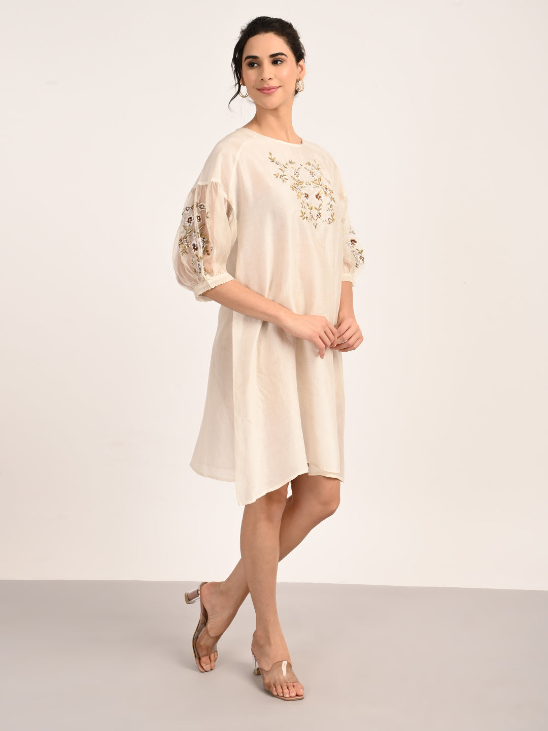 Ivory Silk Chanderi Dress with Hand-Embroidered Detailing