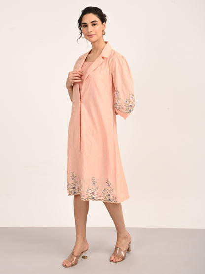 Peach Pink Silk Chanderi Tailored Shirt Dress with Handcrafted Chikankari Embroidery