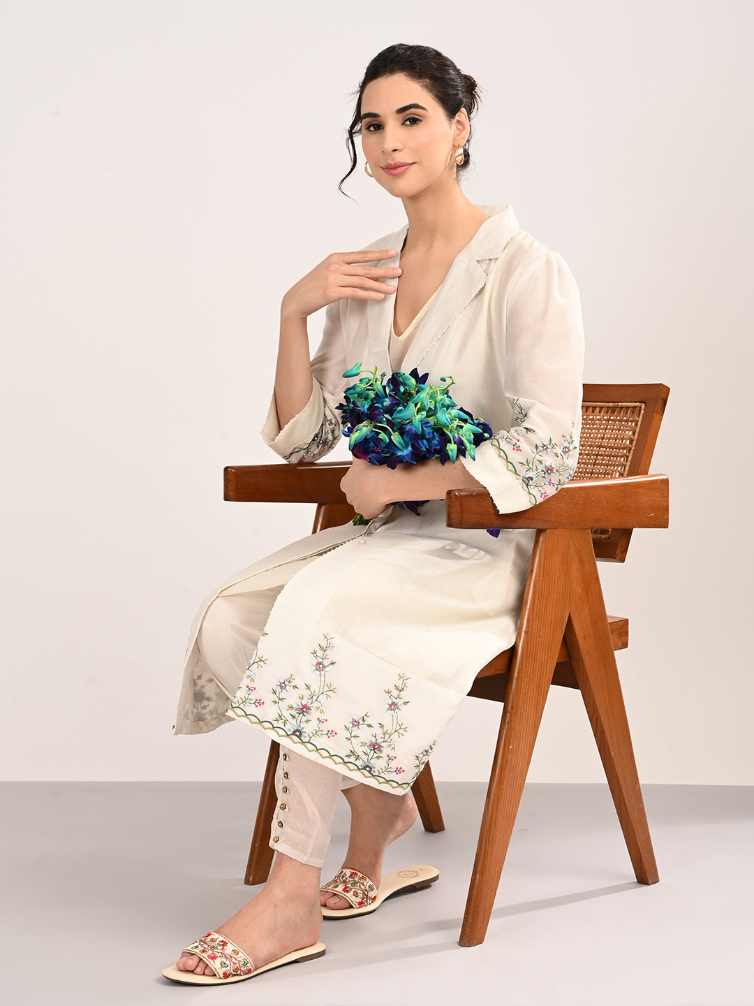 Ivory Silk Chanderi Tailored Shirt Dress with Handcrafted Chikankari Embroidery